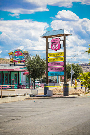 After a day of checking out the sites at the museums in Kingman, why not take a walk across the street from the Powerhouse/Kingman visitor Center (On route 66 no less) and take in an old fashion burger, fries, and malt at the Mr. D’z Drive–In? Try the Andy Devine Burger if you’re extra hungry.