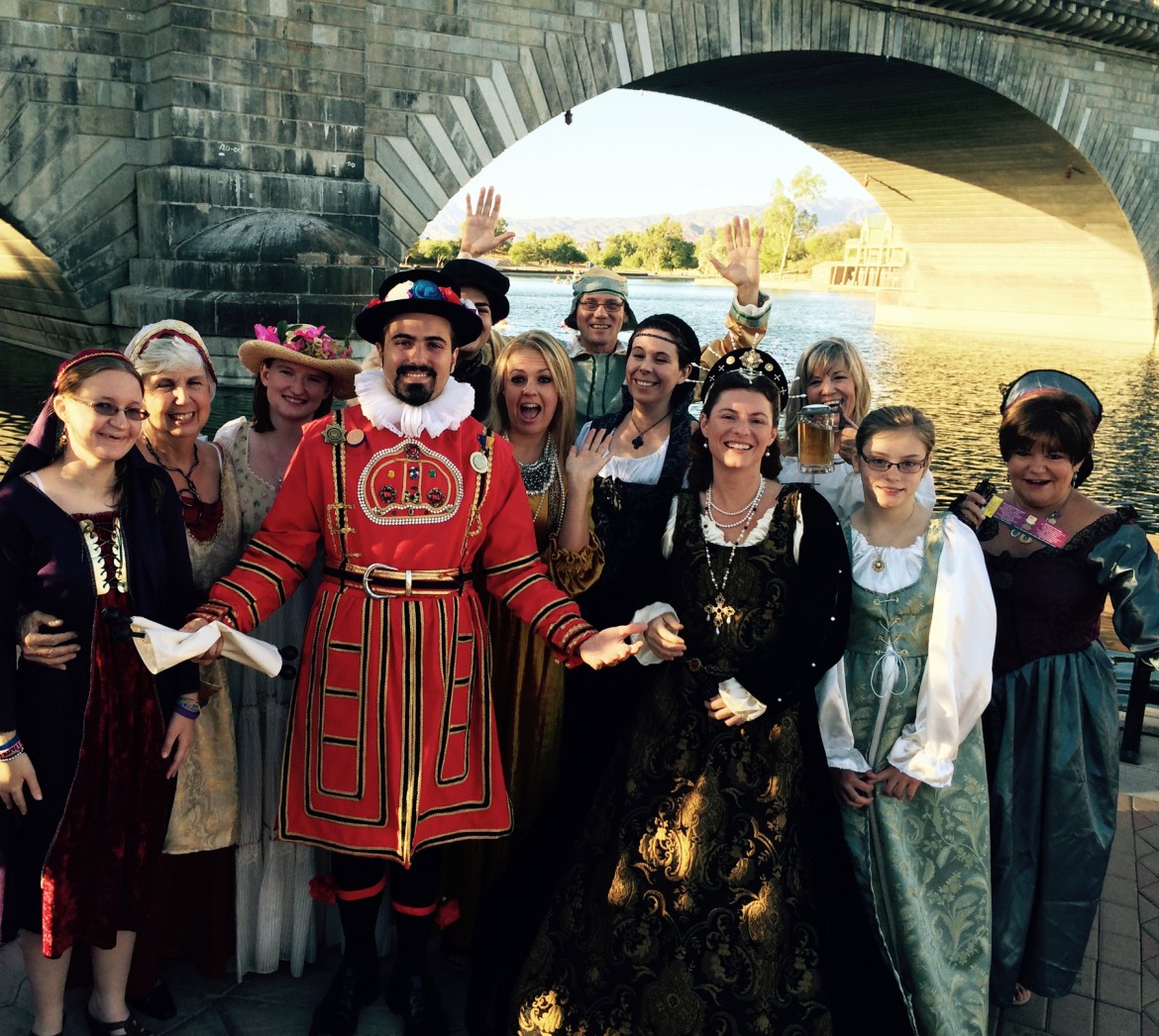 A number of volunteers, in period costume, announce the plans for the 1st Annual London Bridge Renaissance Faire. Naturally the announcement was made under the London Bridge.